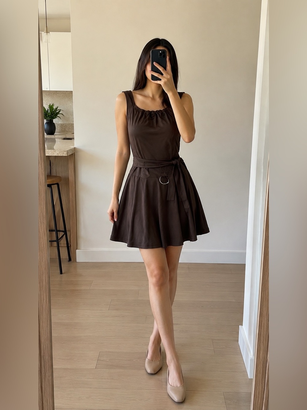 Womens Brown Sleeveless Belted A-Line Dress